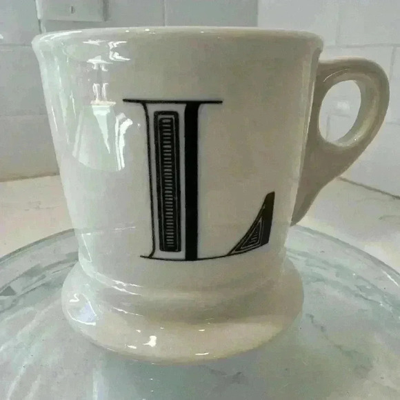 Anthropologie Letter L Initial Coffee Mug White Black Retro Shaving Cup Monogram - Picture 1 of 13